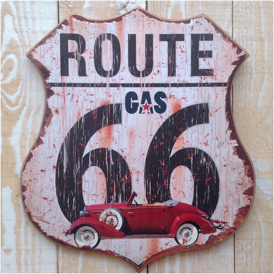 Logo van Route 66 op houten bord