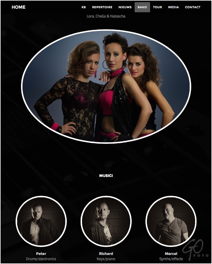Screenshot van homepage website popband